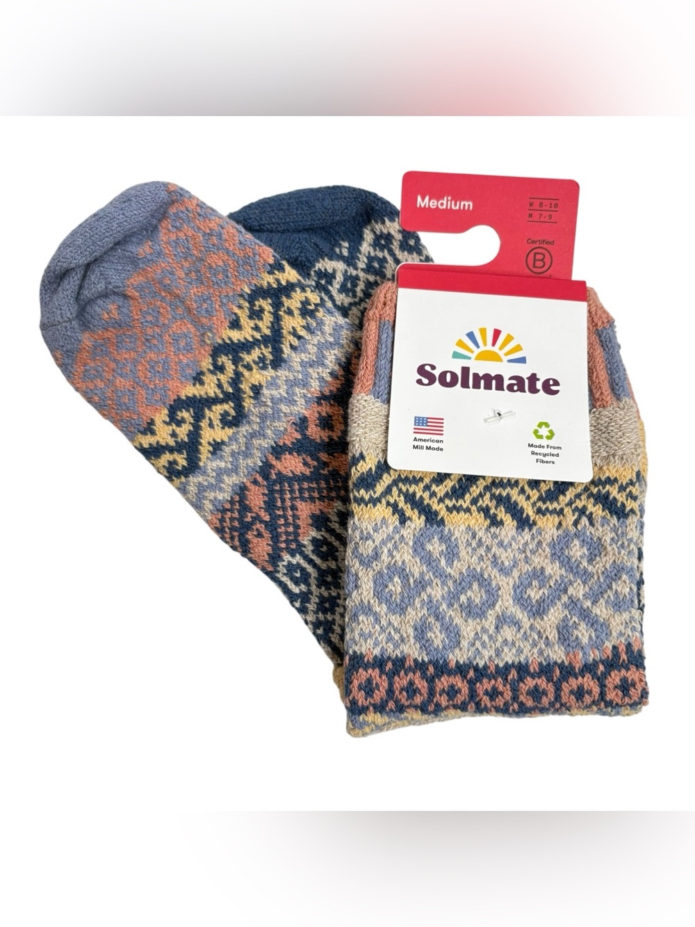 SOLMATES Mismatched Medium Fair Isle Crew Socks Blue, Pink, Yellow NWT $22.50